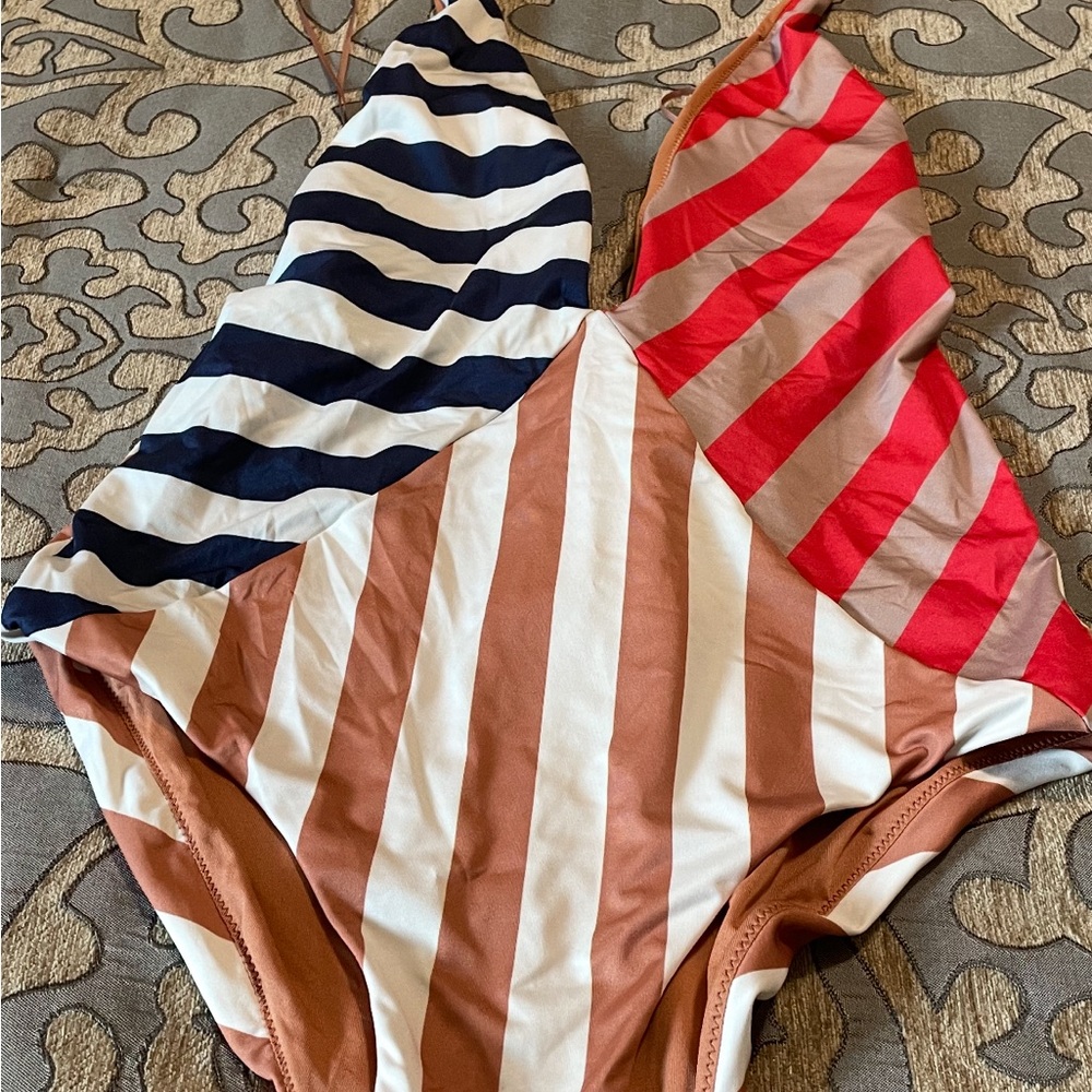 Zara Red, Navy, and Brown Striped Swimsuit